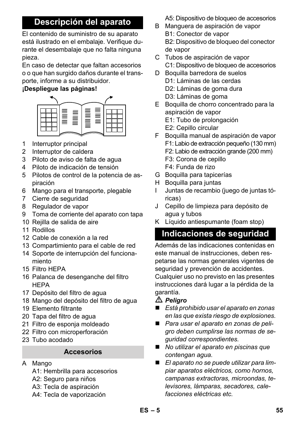 Descripción del aparato, Indicaciones de seguridad | Karcher SV 1802 User Manual | Page 55 / 284