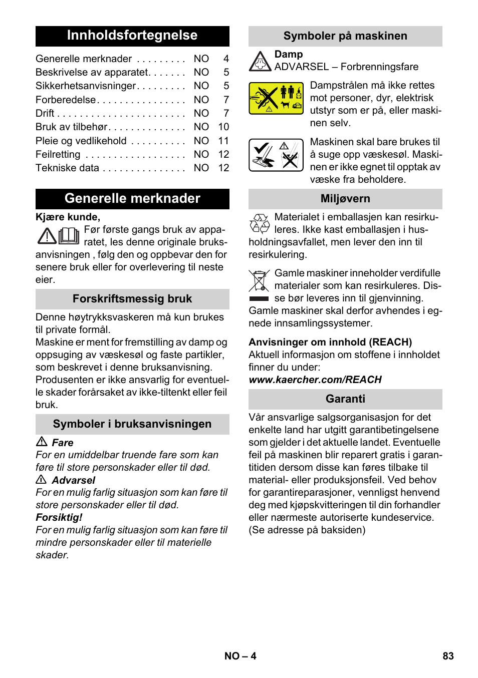 Norsk, Innholdsfortegnelse, Generelle merknader | Karcher SV 1802 User Manual | Page 83 / 284