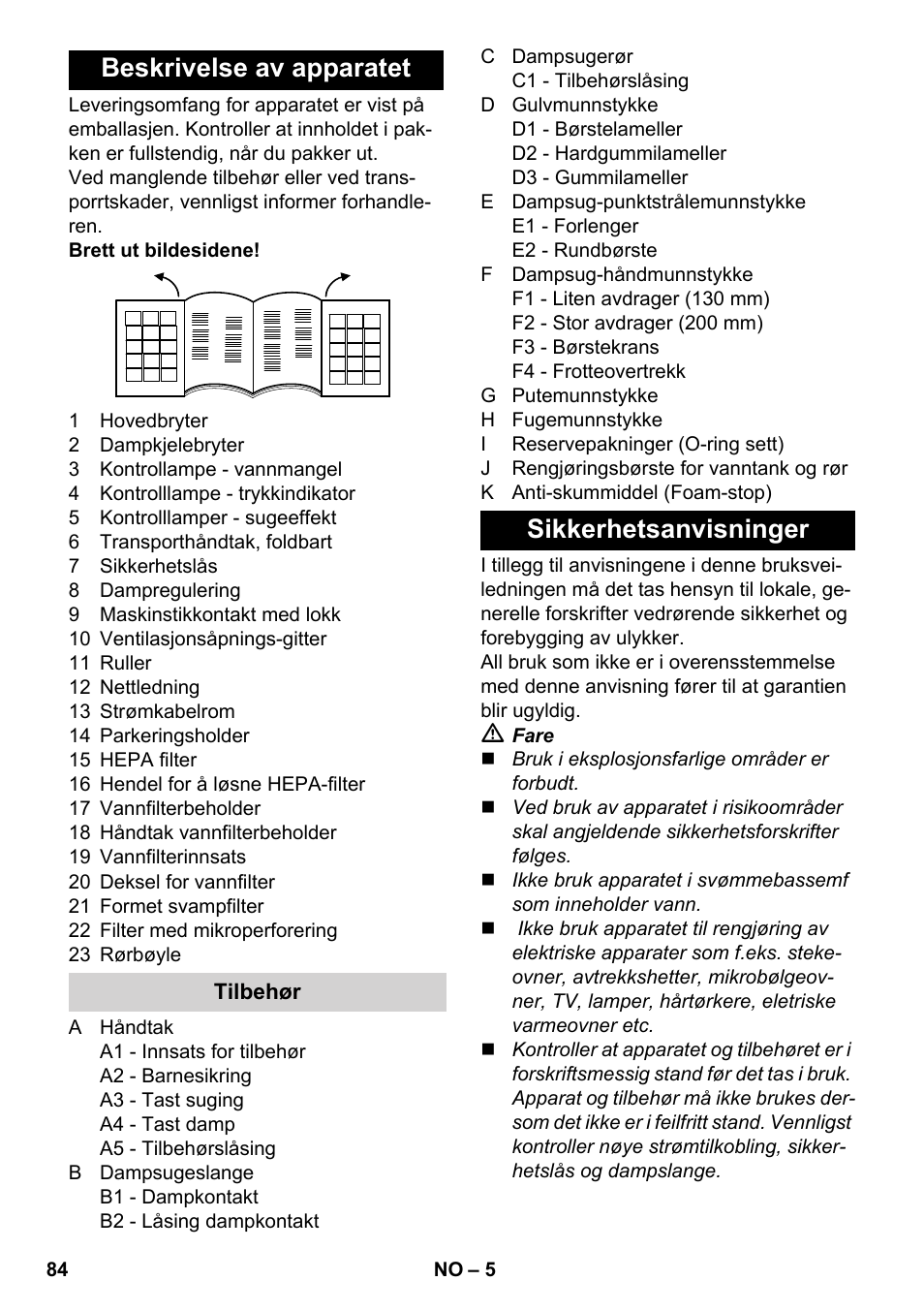 Beskrivelse av apparatet, Sikkerhetsanvisninger | Karcher SV 1802 User Manual | Page 84 / 284