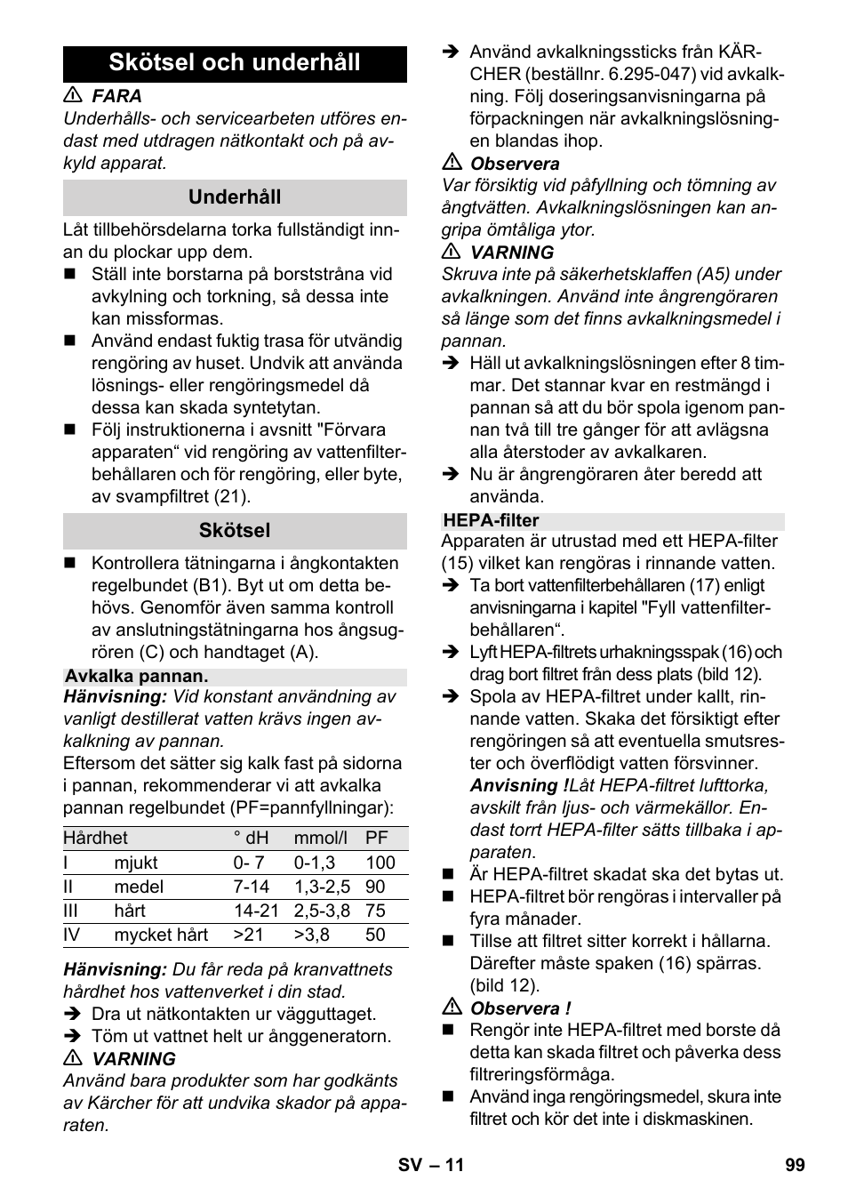 Skötsel och underhåll | Karcher SV 1802 User Manual | Page 99 / 284