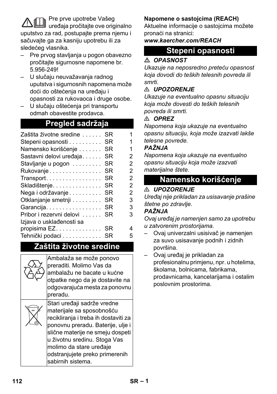 Srpski, Pregled sadržaja, Zaštita životne sredine | Stepeni opasnosti, Namensko korišćenje, Stepeni opasnosti namensko korišćenje | Karcher T 17-1 User Manual | Page 112 / 144