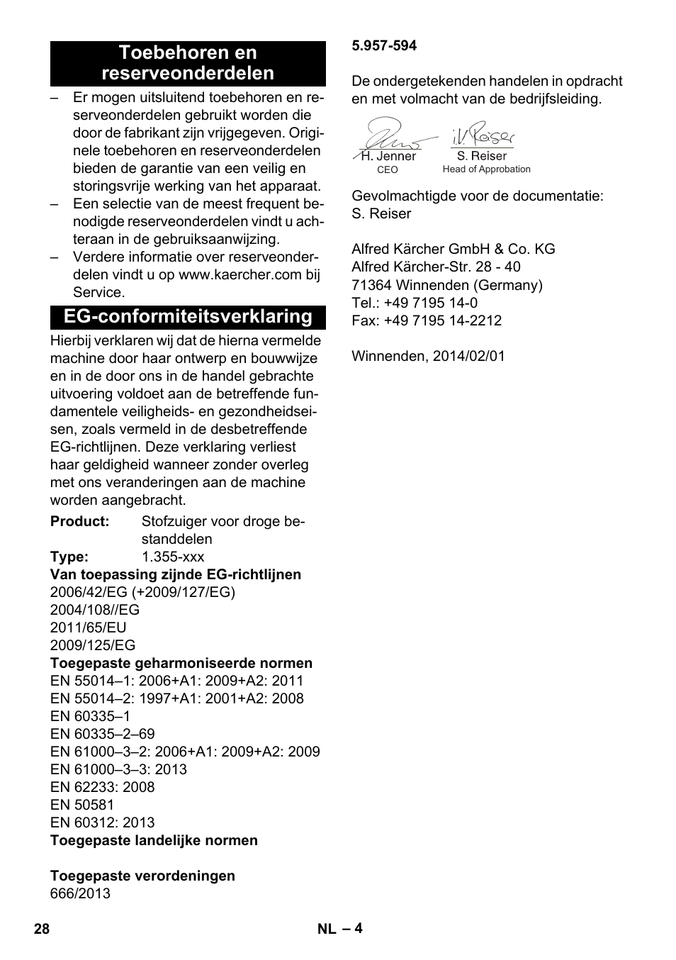 Toebehoren en reserveonderdelen, Eg-conformiteitsverklaring | Karcher T 17-1 User Manual | Page 28 / 144