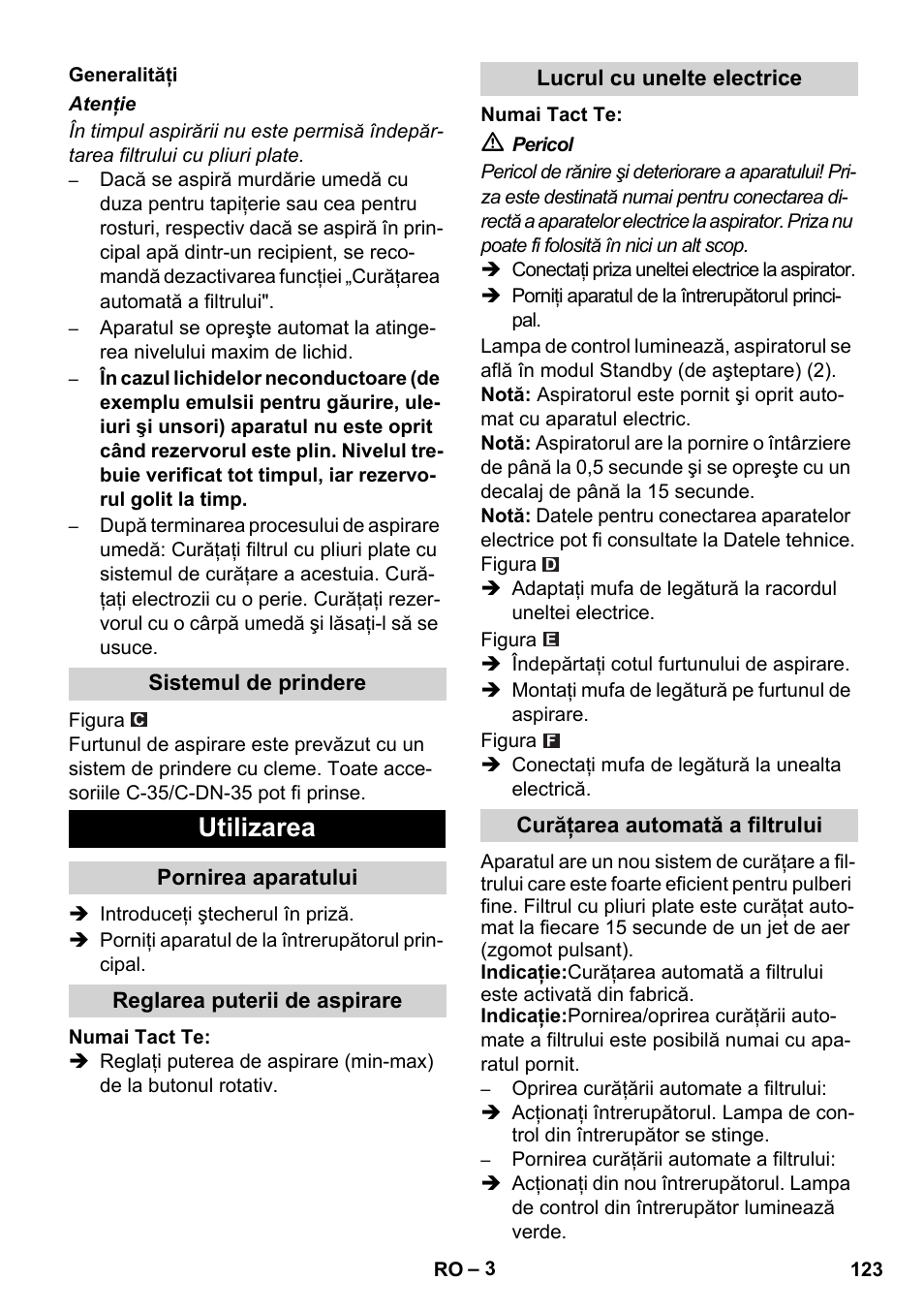 Utilizarea | Karcher SB V1 Eco User Manual | Page 123 / 184