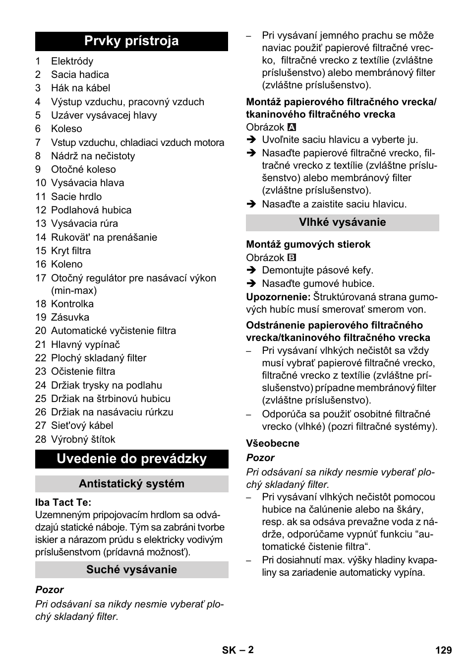 Prvky prístroja uvedenie do prevádzky | Karcher SB V1 Eco User Manual | Page 129 / 184