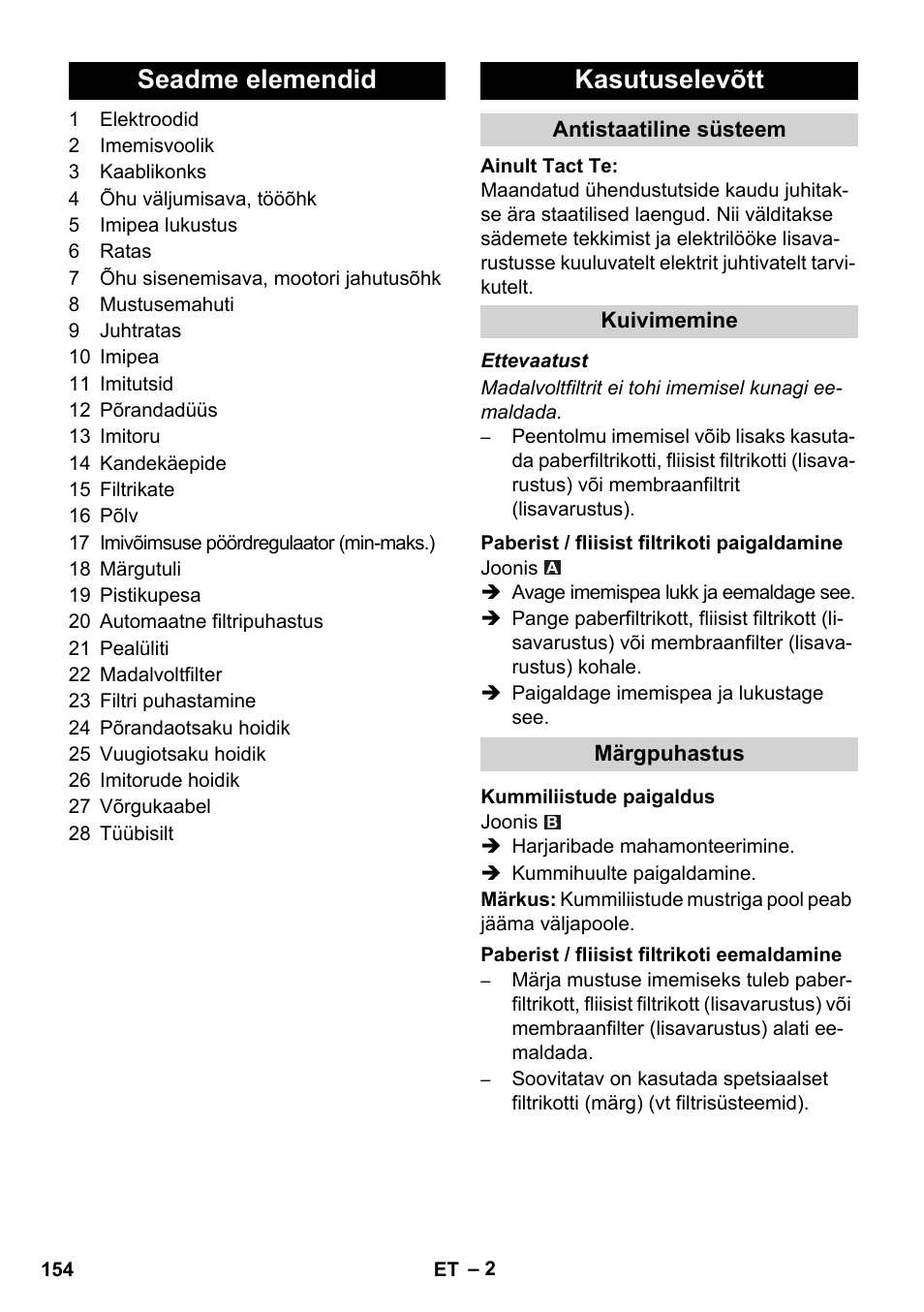 Seadme elemendid kasutuselevõtt | Karcher SB V1 Eco User Manual | Page 154 / 184