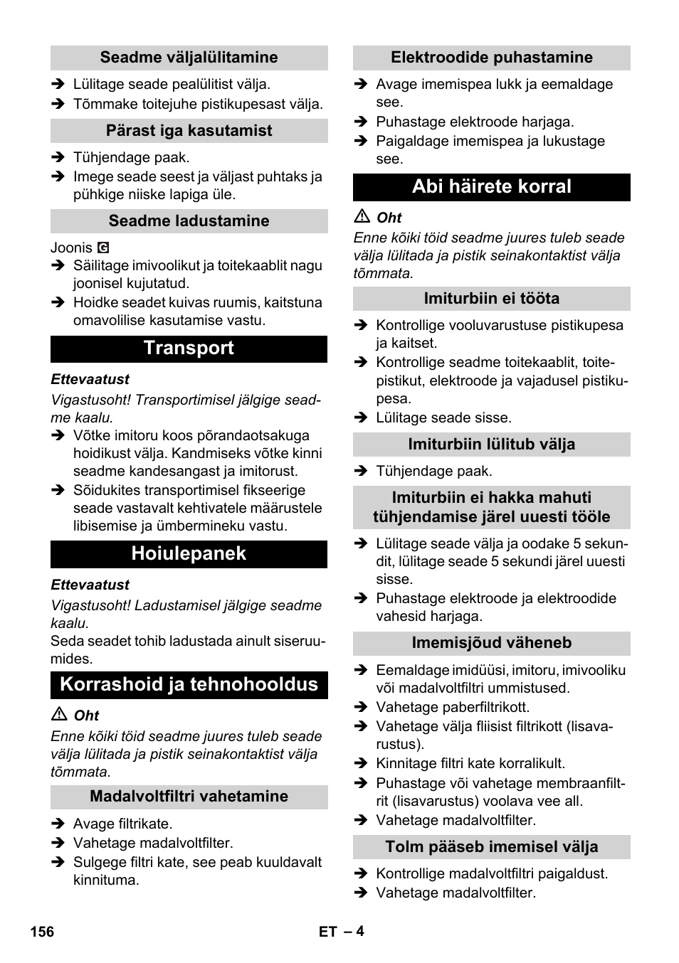 Transport hoiulepanek korrashoid ja tehnohooldus, Abi häirete korral | Karcher SB V1 Eco User Manual | Page 156 / 184