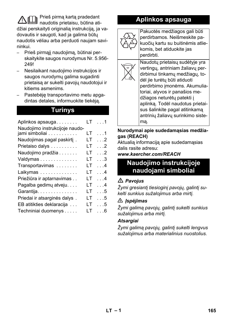 Lietuviškai, Turinys, Aplinkos apsauga | Naudojimo instrukcijoje naudojami simboliai | Karcher SB V1 Eco User Manual | Page 165 / 184