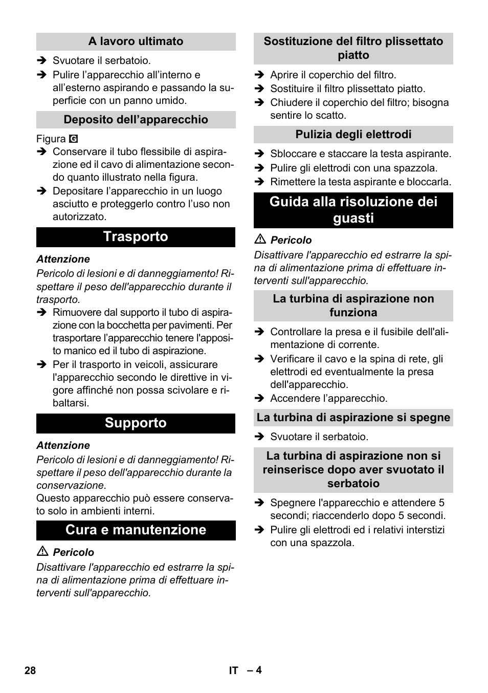 Trasporto supporto cura e manutenzione, Guida alla risoluzione dei guasti | Karcher SB V1 Eco User Manual | Page 28 / 184