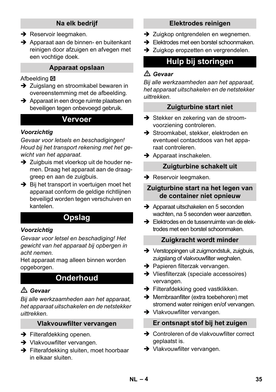 Vervoer opslag onderhoud, Hulp bij storingen | Karcher SB V1 Eco User Manual | Page 35 / 184