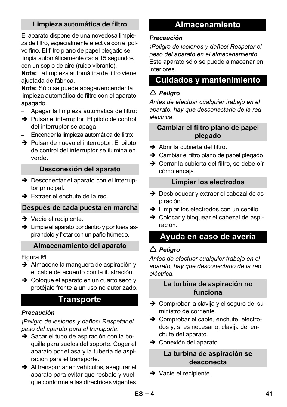 Transporte almacenamiento cuidados y mantenimiento, Ayuda en caso de avería | Karcher SB V1 Eco User Manual | Page 41 / 184