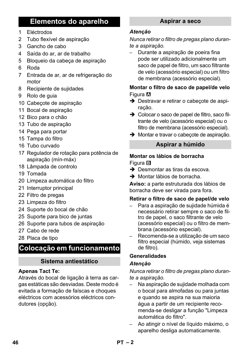 Elementos do aparelho colocação em funcionamento | Karcher SB V1 Eco User Manual | Page 46 / 184