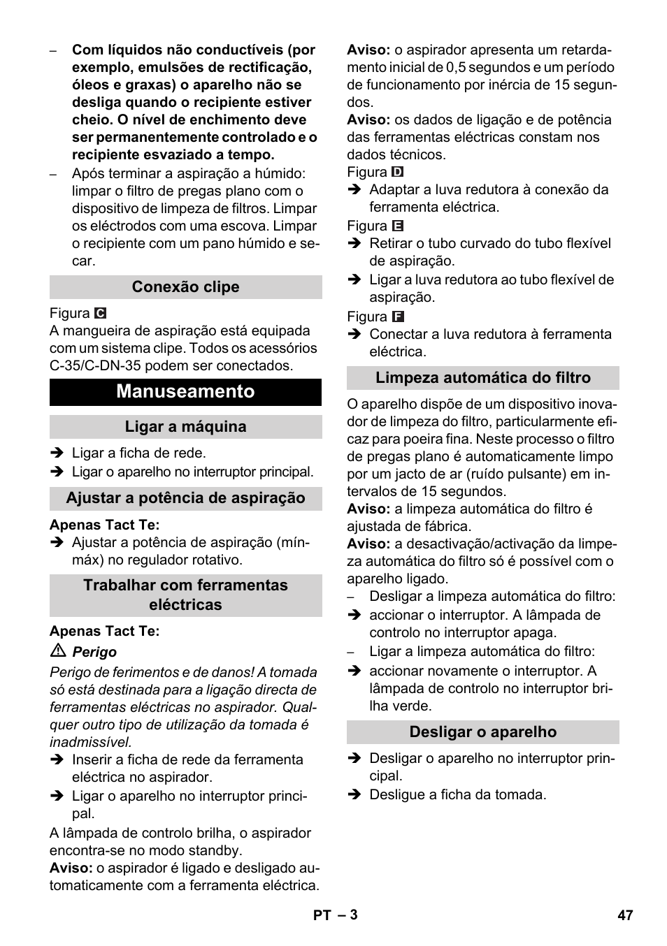 Manuseamento | Karcher SB V1 Eco User Manual | Page 47 / 184