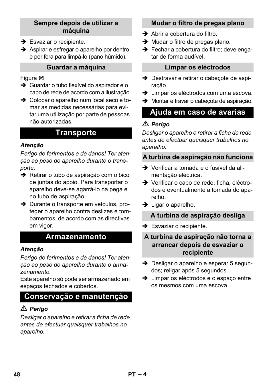 Transporte armazenamento conservação e manutenção, Ajuda em caso de avarias | Karcher SB V1 Eco User Manual | Page 48 / 184