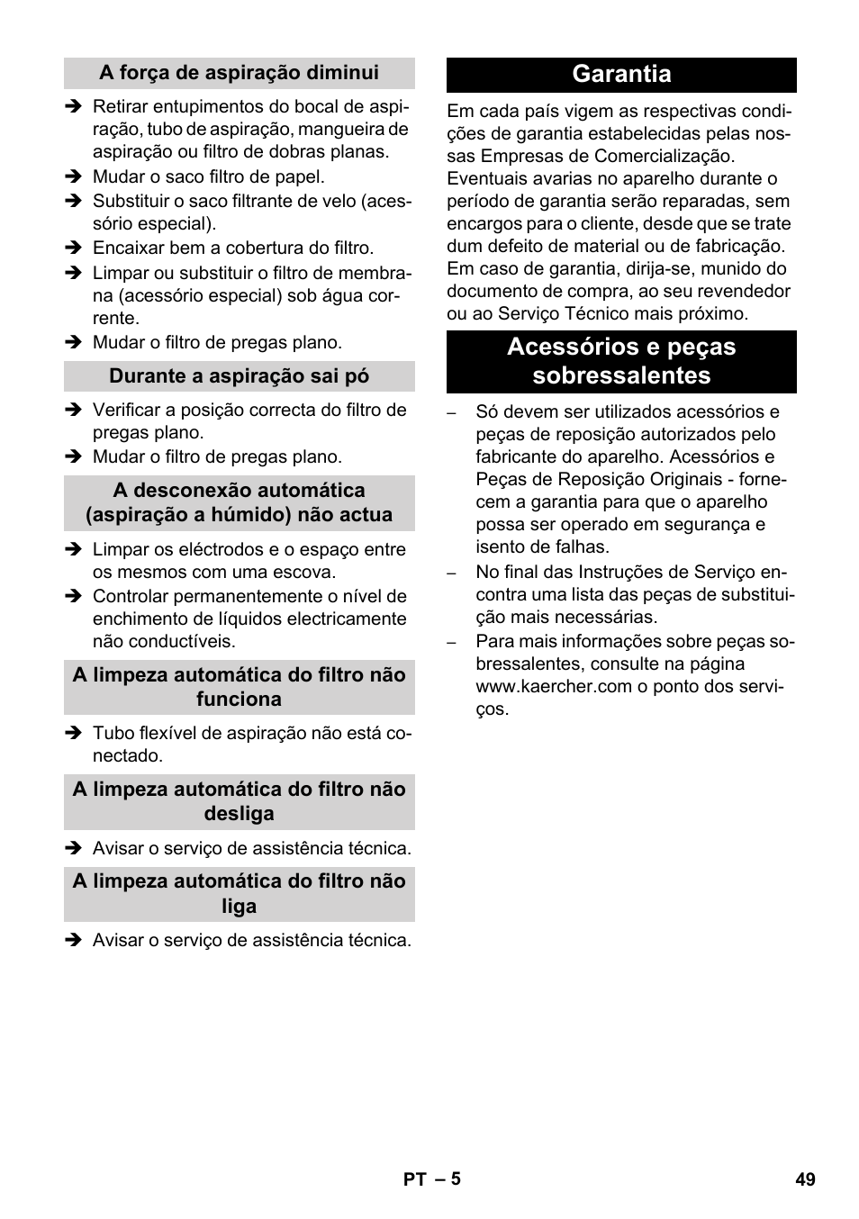 Garantia acessórios e peças sobressalentes | Karcher SB V1 Eco User Manual | Page 49 / 184