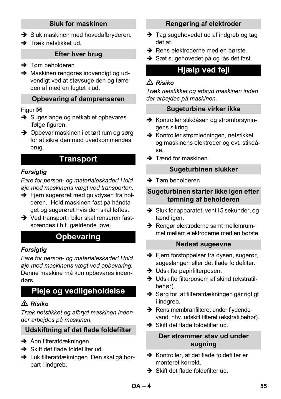 Transport opbevaring pleje og vedligeholdelse, Hjælp ved fejl | Karcher SB V1 Eco User Manual | Page 55 / 184