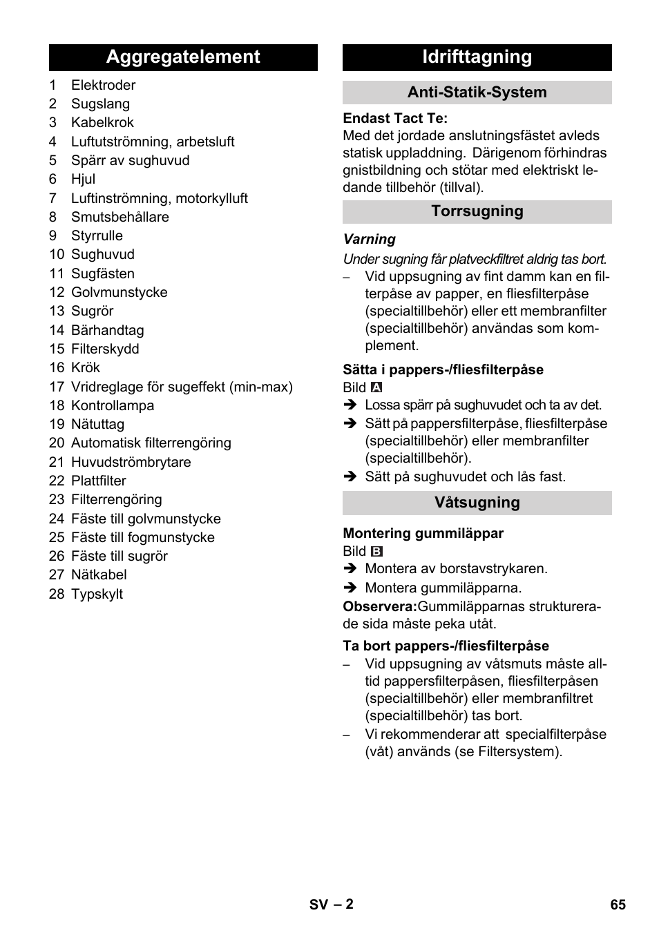 Aggregatelement idrifttagning | Karcher SB V1 Eco User Manual | Page 65 / 184