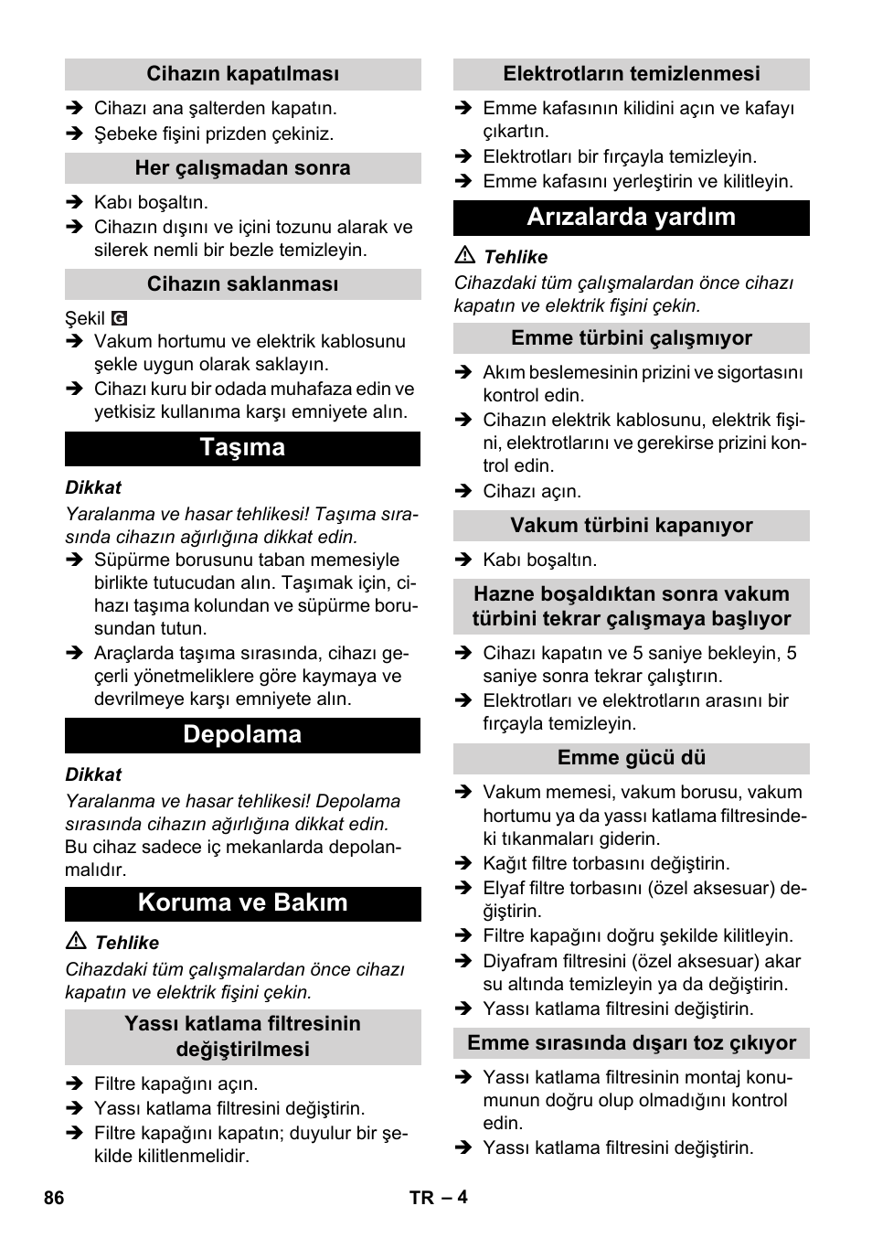 Taşıma depolama koruma ve bakım, Arızalarda yardım | Karcher SB V1 Eco User Manual | Page 86 / 184