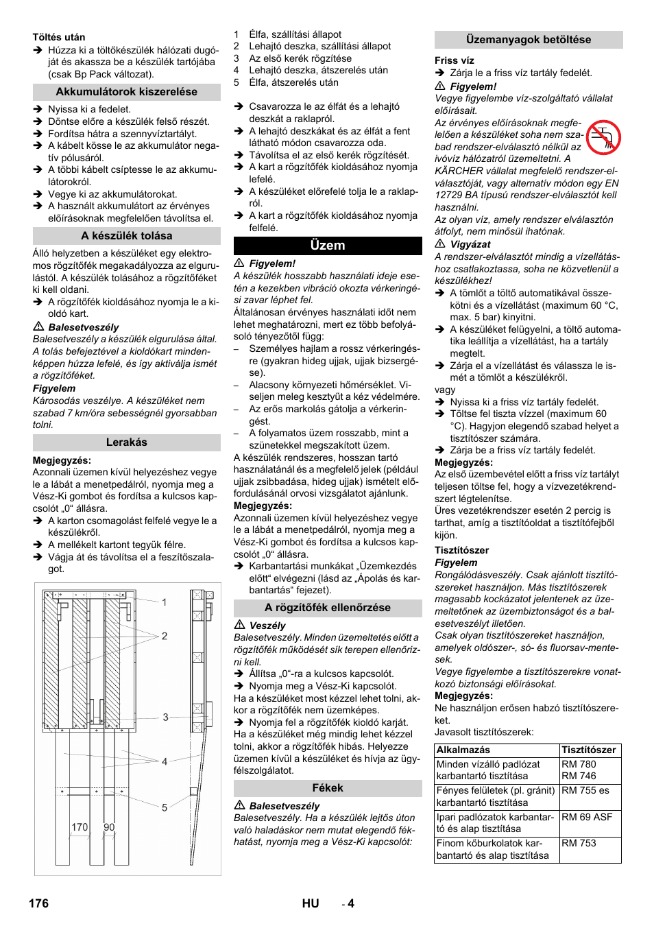 Töltés után, Akkumulátorok kiszerelése, A készülék tolása | Lerakás, Üzem, A rögzítőfék ellenőrzése, Fékek, Üzemanyagok betöltése, Friss víz, Tisztítószer | Karcher BD 50-40 RS Bp Pack User Manual | Page 176 / 336