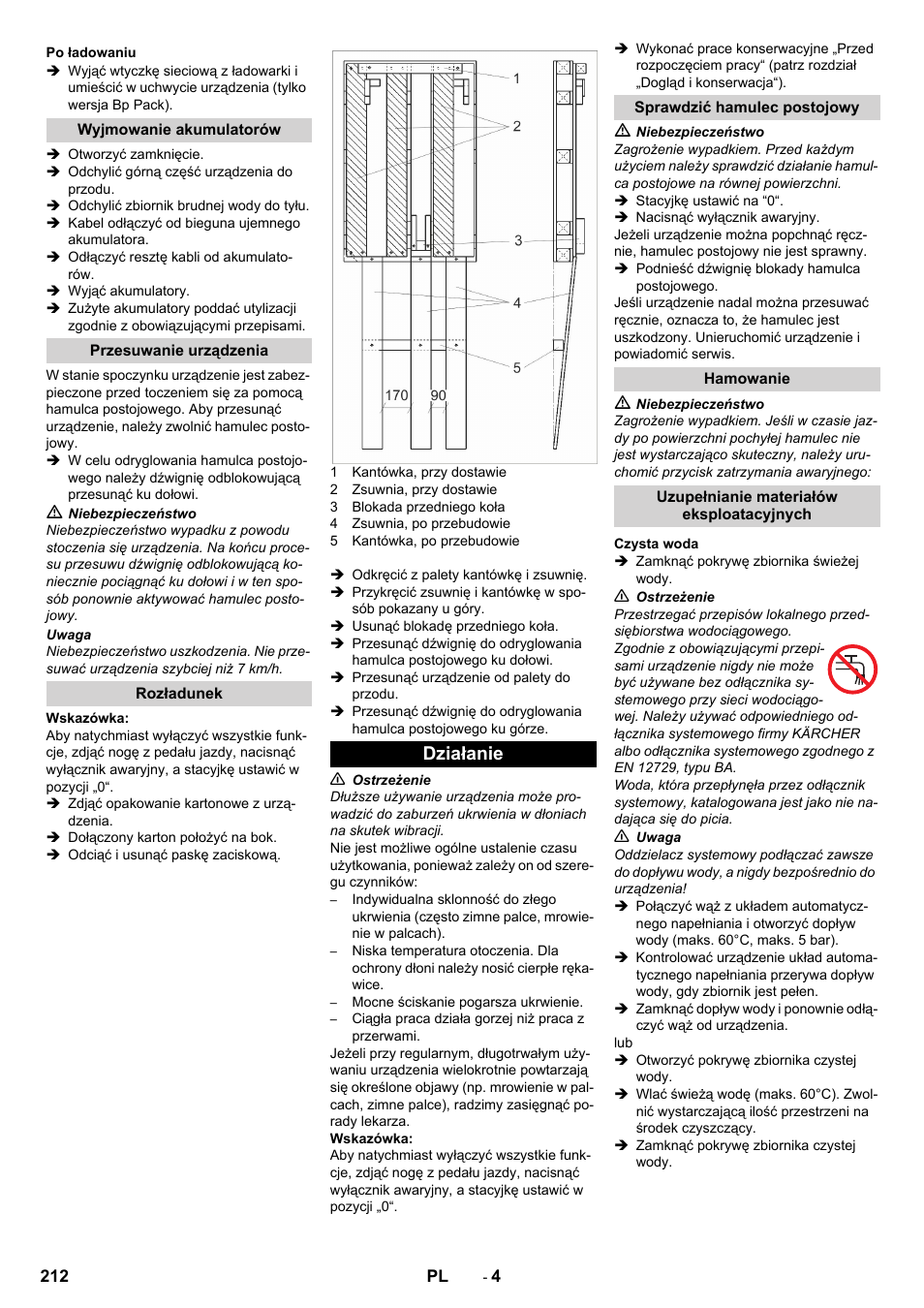 Po ładowaniu, Wyjmowanie akumulatorów, Przesuwanie urządzenia | Rozładunek, Działanie, Sprawdzić hamulec postojowy, Hamowanie, Uzupełnianie materiałów eksploatacyjnych, Czysta woda | Karcher BD 50-40 RS Bp Pack User Manual | Page 212 / 336