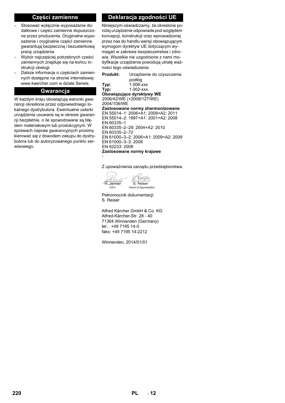 Części zamienne, Gwarancja, Deklaracja zgodności ue | Części zamienne gwarancja deklaracja zgodności ue | Karcher BD 50-40 RS Bp Pack User Manual | Page 220 / 336
