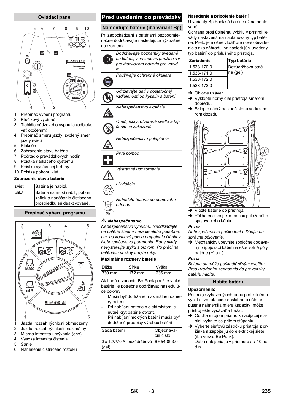 Ovládací panel, Zobrazenie stavu batérie, Prepínač výberu programu | Pred uvedením do prevádzky, Namontujte batérie (iba variant bp), Maximálne rozmery batérie, Nasadenie a pripojenie batérií, Nabite batériu | Karcher BD 50-40 RS Bp Pack User Manual | Page 235 / 336