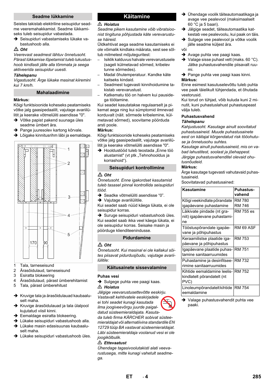 Seadme lükkamine, Mahalaadimine, Käitamine | Seisupiduri kontrollimine, Pidurdamine, Käitusainete sissevalamine, Puhas vesi, Puhastusvahend | Karcher BD 50-40 RS Bp Pack User Manual | Page 285 / 336