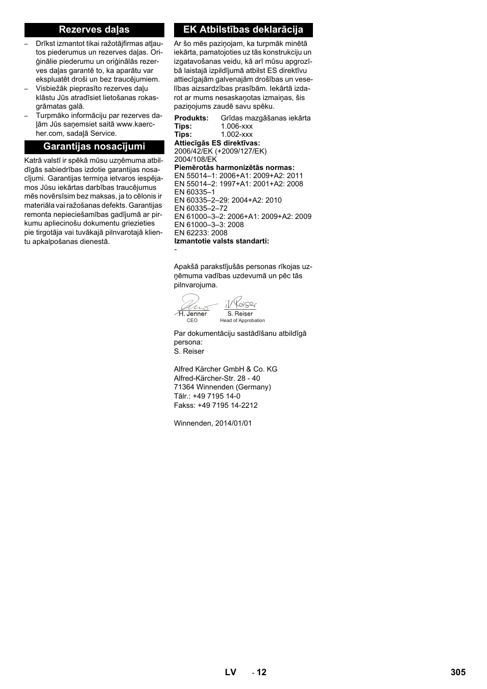 Rezerves daļas, Garantijas nosacījumi, Ek atbilstības deklarācija | Karcher BD 50-40 RS Bp Pack User Manual | Page 305 / 336
