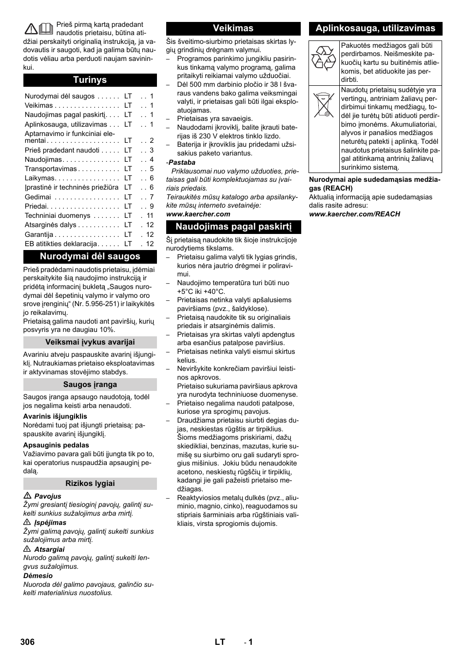 Lietuviškai, Turinys, Nurodymai dėl saugos | Veiksmai įvykus avarijai, Saugos įranga, Avarinis išjungiklis, Apsauginis pedalas, Rizikos lygiai, Veikimas, Naudojimas pagal paskirtį | Karcher BD 50-40 RS Bp Pack User Manual | Page 306 / 336