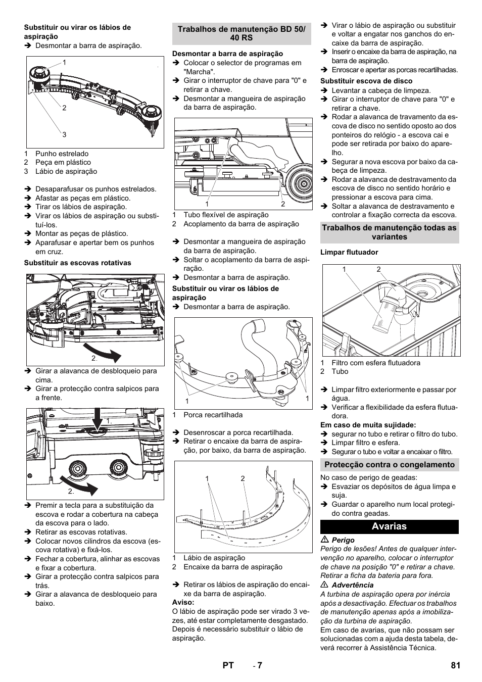 Substituir ou virar os lábios de aspiração, Substituir as escovas rotativas, Trabalhos de manutenção bd 50/ 40 rs | Desmontar a barra de aspiração, Substituir escova de disco, Trabalhos de manutenção todas as variantes, Limpar flutuador, Protecção contra o congelamento, Avarias | Karcher BD 50-40 RS Bp Pack User Manual | Page 81 / 336