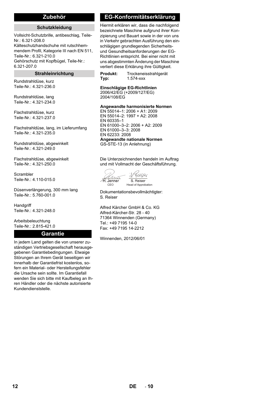 Zubehör, Garantie eg-konformitätserklärung | Karcher IB 7-40 Advanced User Manual | Page 12 / 288