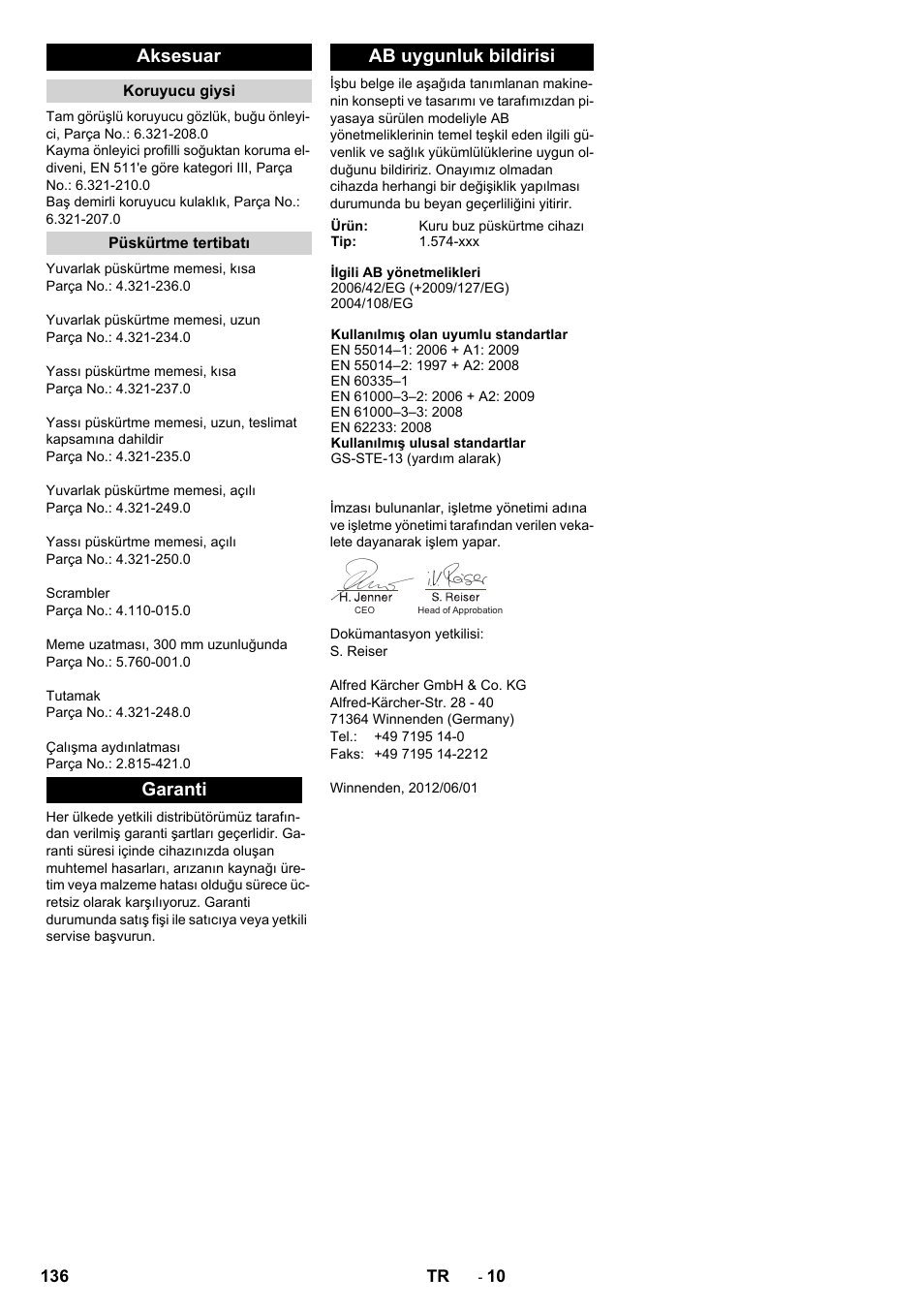 Aksesuar, Garanti ab uygunluk bildirisi | Karcher IB 7-40 Advanced User Manual | Page 136 / 288