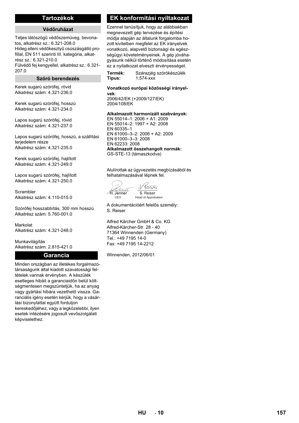 Tartozékok, Garancia ek konformitási nyiltakozat | Karcher IB 7-40 Advanced User Manual | Page 157 / 288