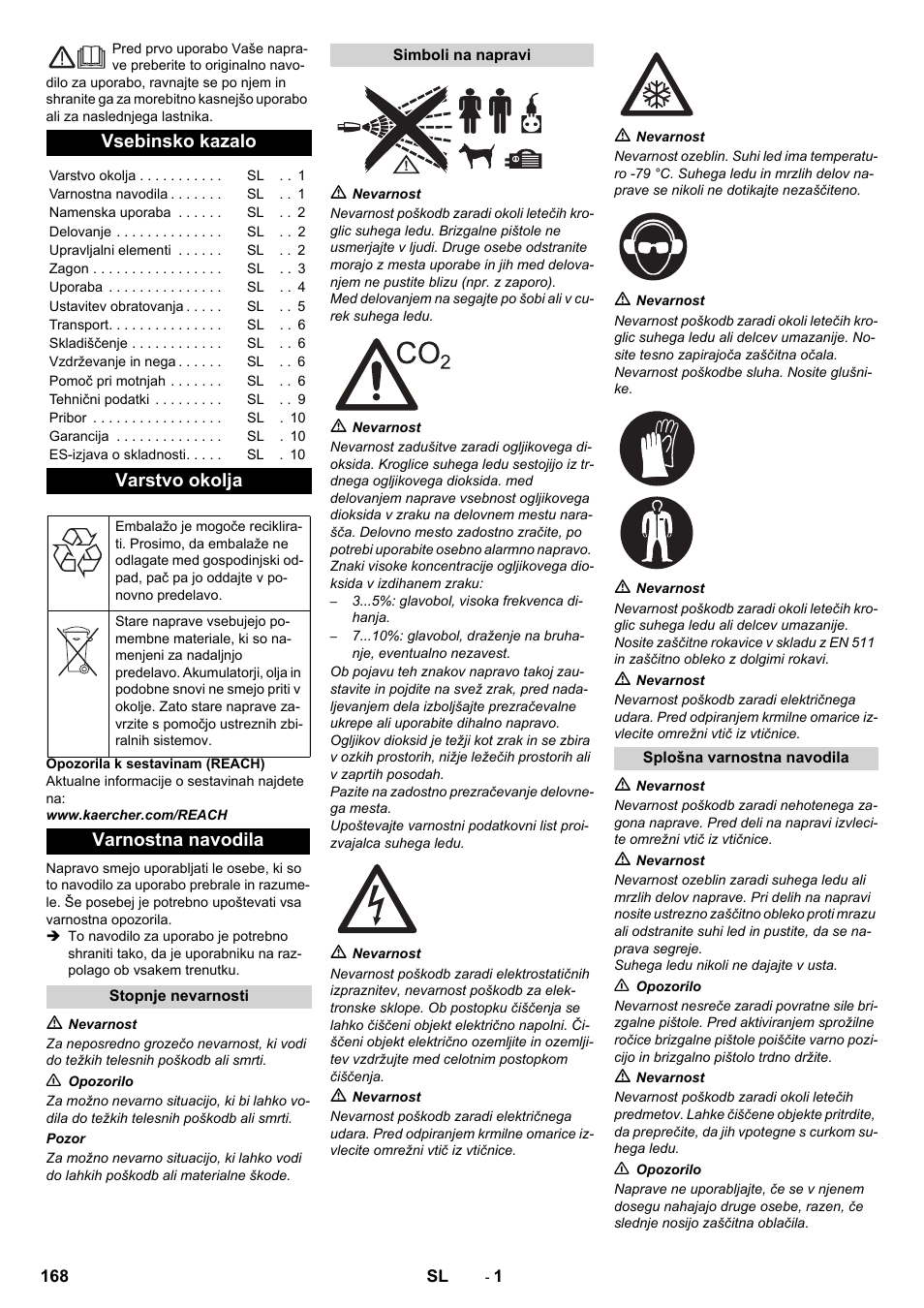 Slovenščina, Slovenšina, Vsebinsko kazalo | Varstvo okolja, Varnostna navodila | Karcher IB 7-40 Advanced User Manual | Page 168 / 288