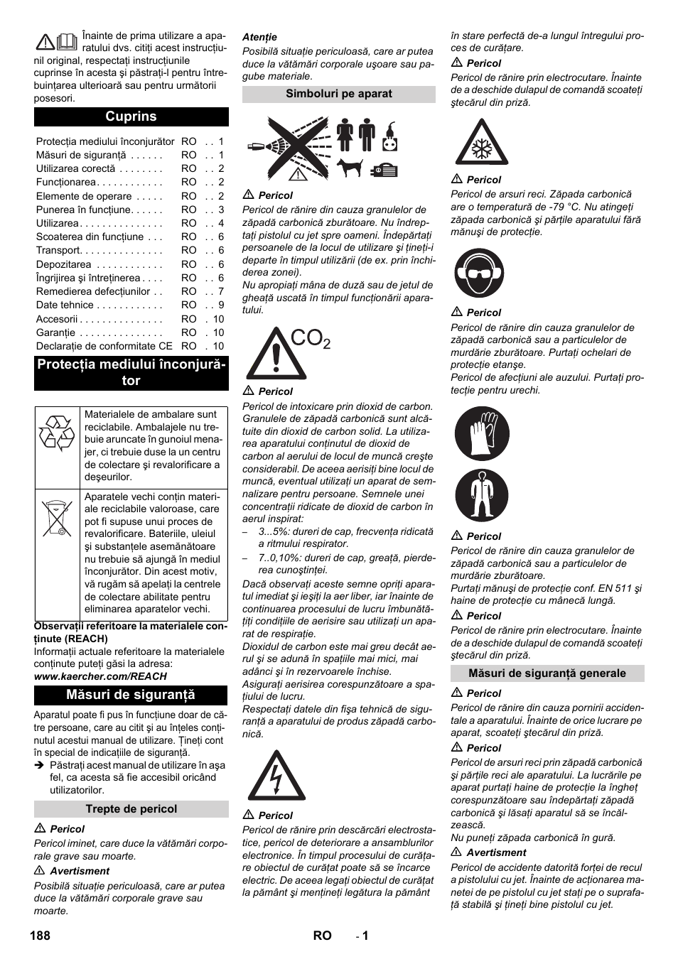 Româneşte, Românete, Cuprins | Protecţia mediului înconjură- tor, Măsuri de siguranţă | Karcher IB 7-40 Advanced User Manual | Page 188 / 288