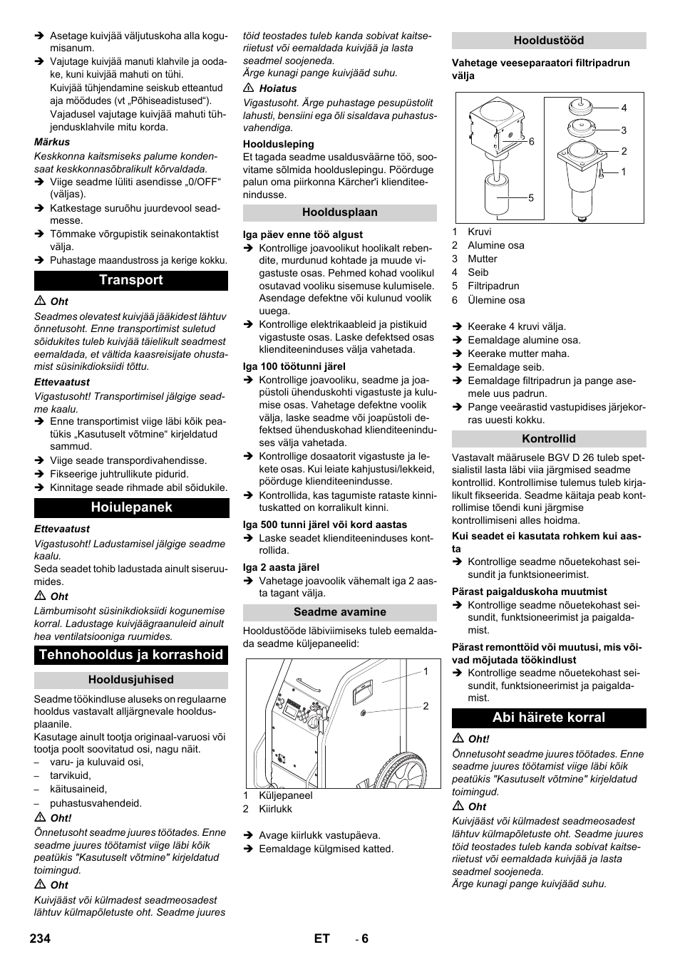 Transport hoiulepanek tehnohooldus ja korrashoid, Abi häirete korral | Karcher IB 7-40 Advanced User Manual | Page 234 / 288