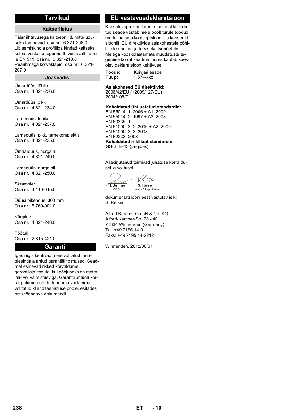 Tarvikud, Garantii eü vastavusdeklaratsioon | Karcher IB 7-40 Advanced User Manual | Page 238 / 288