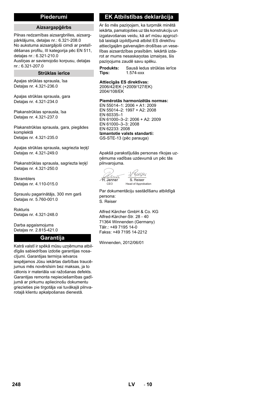 Piederumi, Garantija ek atbilstības deklarācija | Karcher IB 7-40 Advanced User Manual | Page 248 / 288