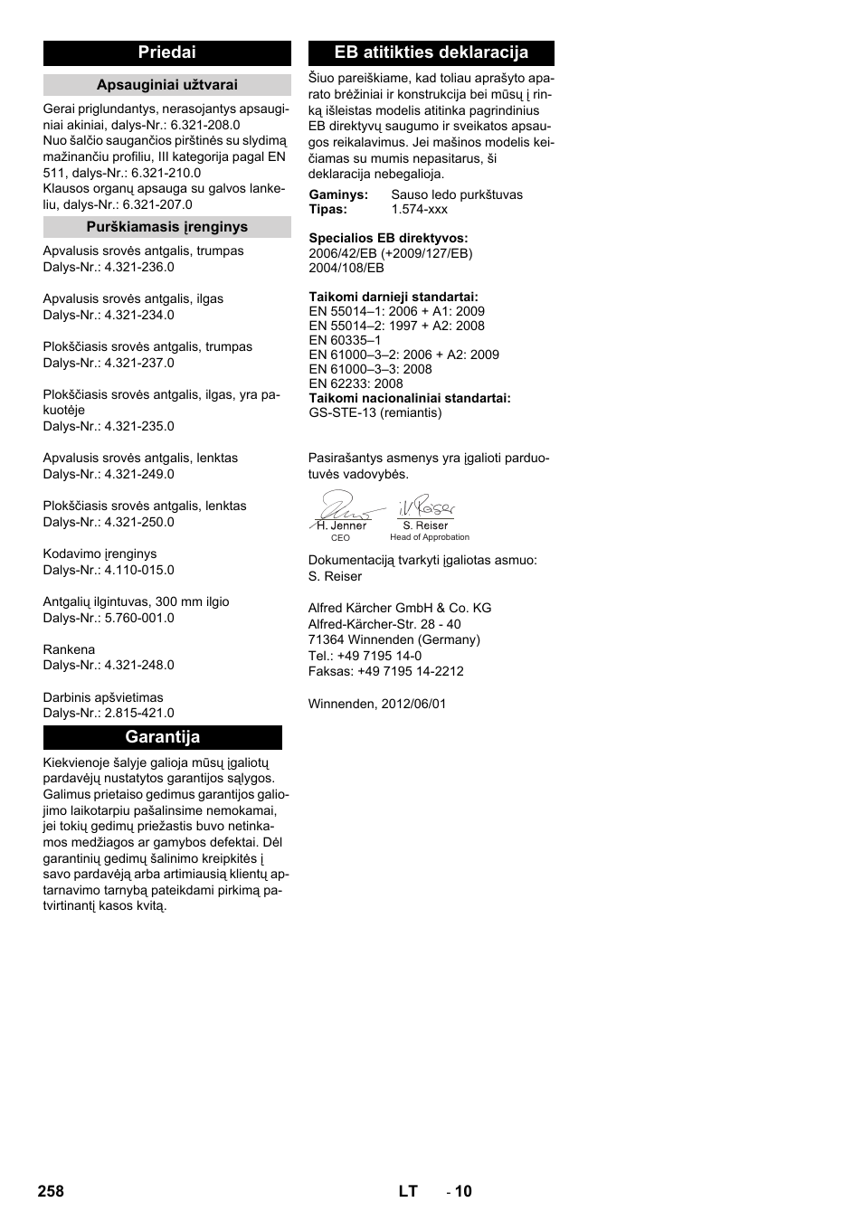 Priedai, Garantija eb atitikties deklaracija | Karcher IB 7-40 Advanced User Manual | Page 258 / 288