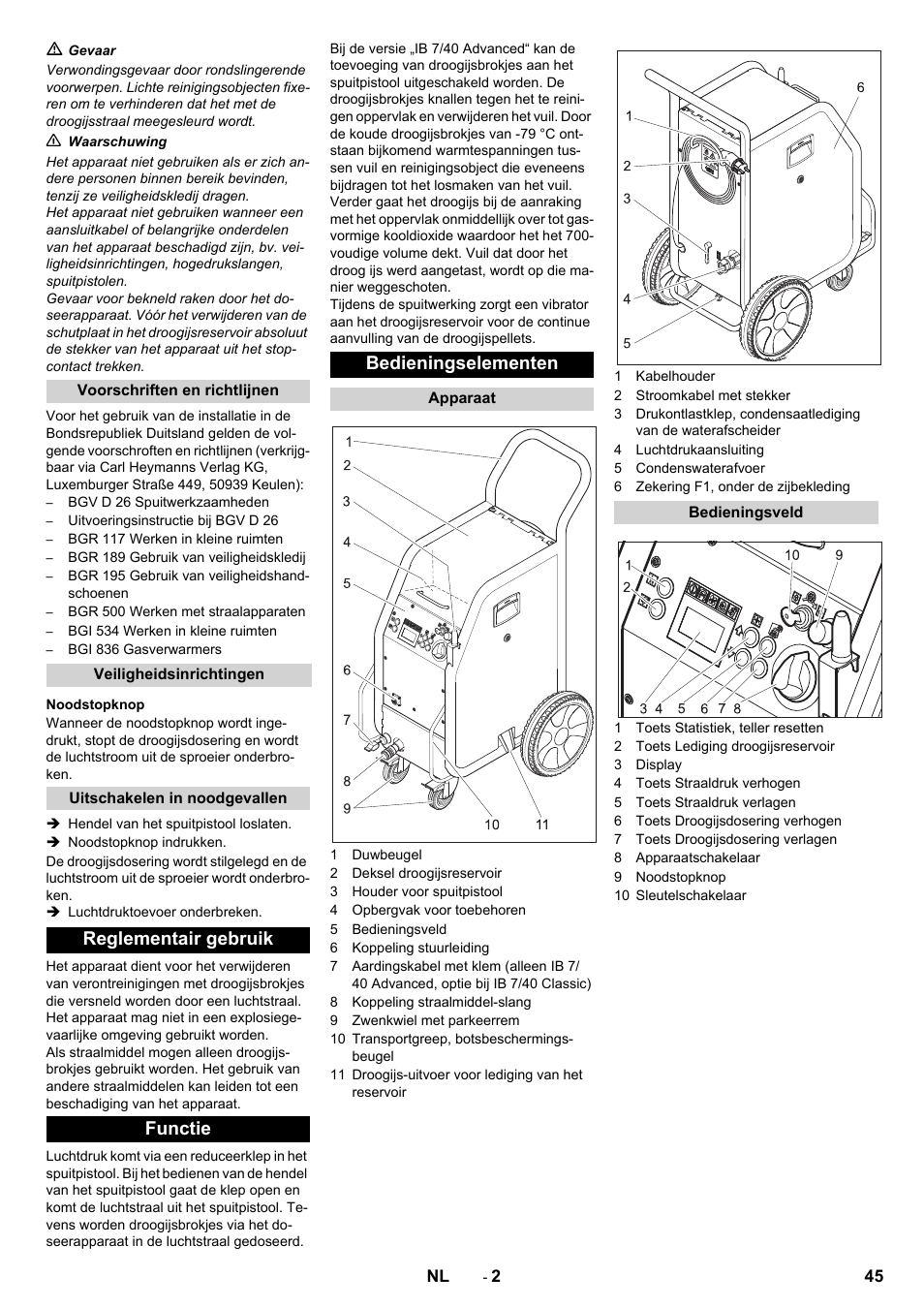 Reglementair gebruik functie bedieningselementen | Karcher IB 7-40 Advanced User Manual | Page 45 / 288