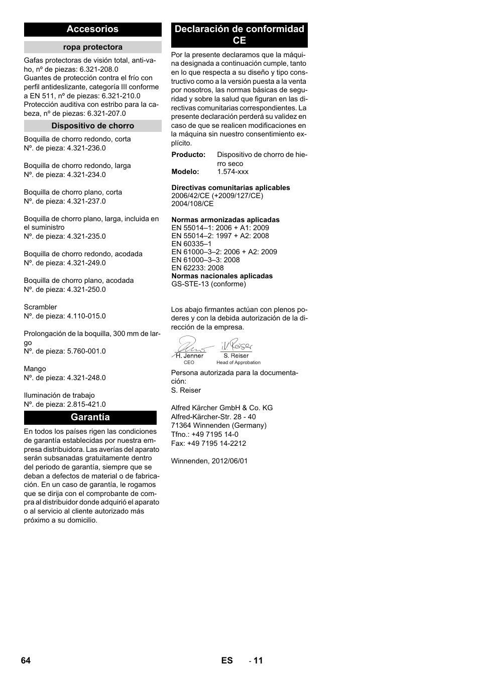 Accesorios, Garantía declaración de conformidad ce | Karcher IB 7-40 Advanced User Manual | Page 64 / 288