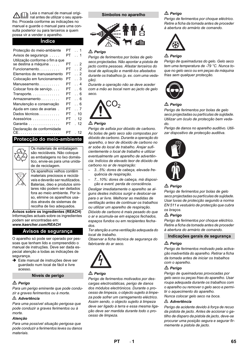 Português, Índice, Protecção do meio-ambiente | Avisos de segurança | Karcher IB 7-40 Advanced User Manual | Page 65 / 288