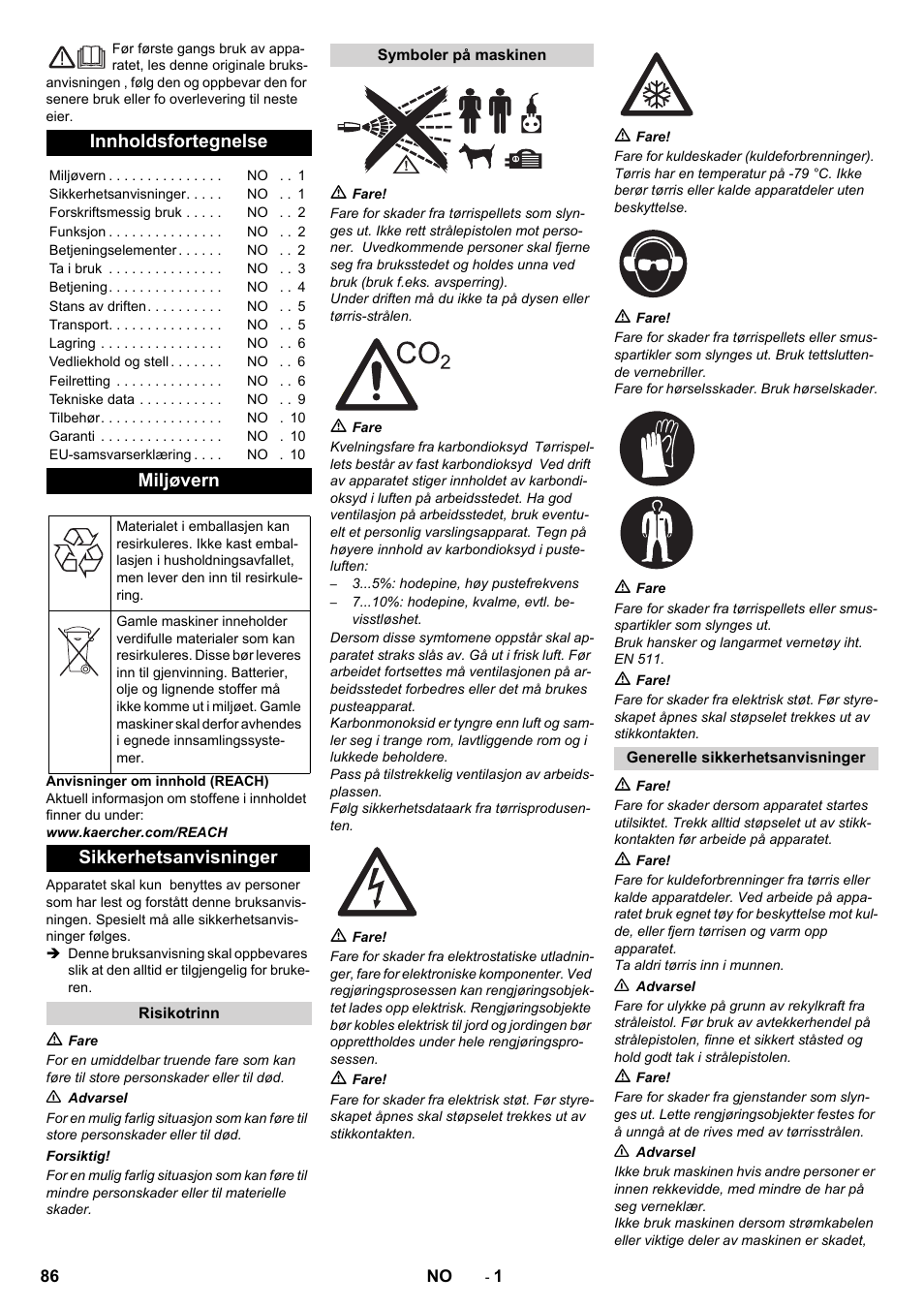 Norsk, Innholdsfortegnelse, Miljøvern | Sikkerhetsanvisninger | Karcher IB 7-40 Advanced User Manual | Page 86 / 288