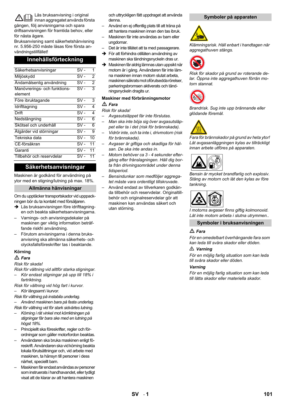 Svenska, Innehållsförteckning, Säkerhetsanvisningar | Karcher IC 15-240 W Adv User Manual | Page 101 / 308