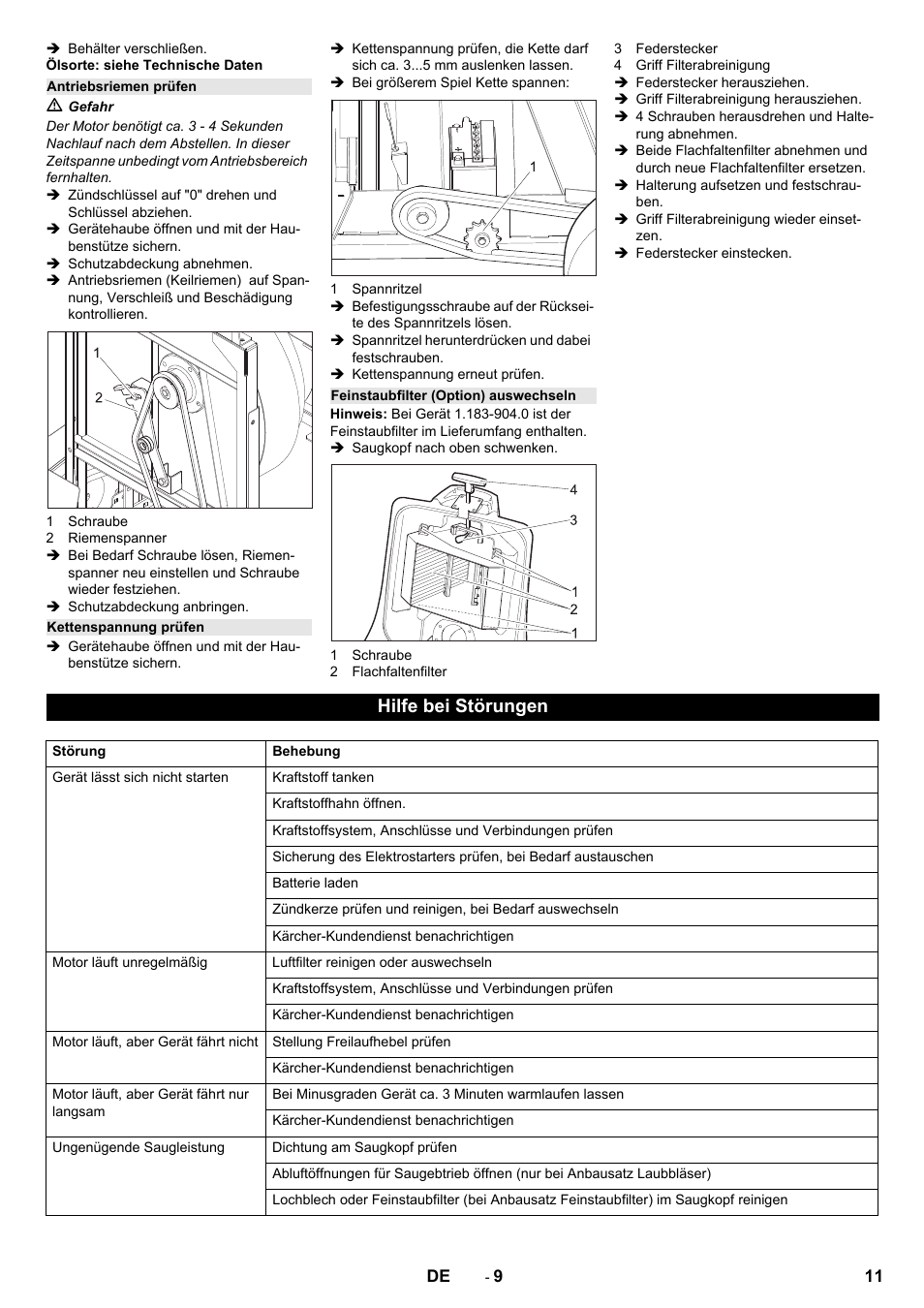 Antriebsriemen prüfen, Kettenspannung prüfen, Feinstaubfilter (option) auswechseln | Hilfe bei störungen | Karcher IC 15-240 W Adv User Manual | Page 11 / 308