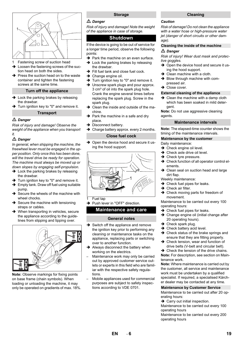Turn off the appliance, Transport, Storage | Shutdown, Close fuel cock, Maintenance and care, General notes, Cleaning, Cleaning the inside of the machine, External cleaning of the appliance | Karcher IC 15-240 W Adv User Manual | Page 19 / 308
