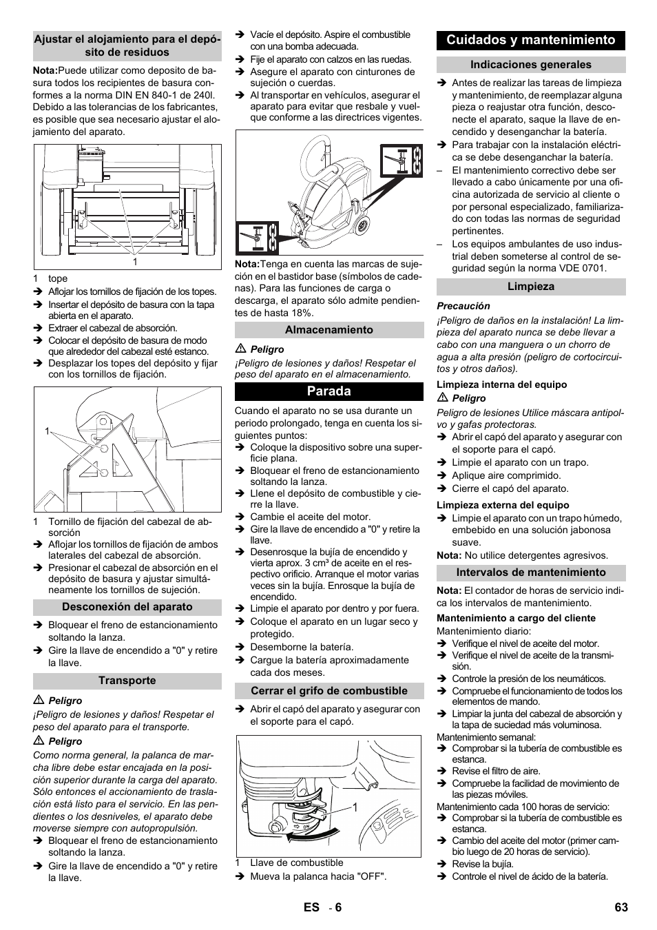 Parada, Cuidados y mantenimiento | Karcher IC 15-240 W Adv User Manual | Page 63 / 308