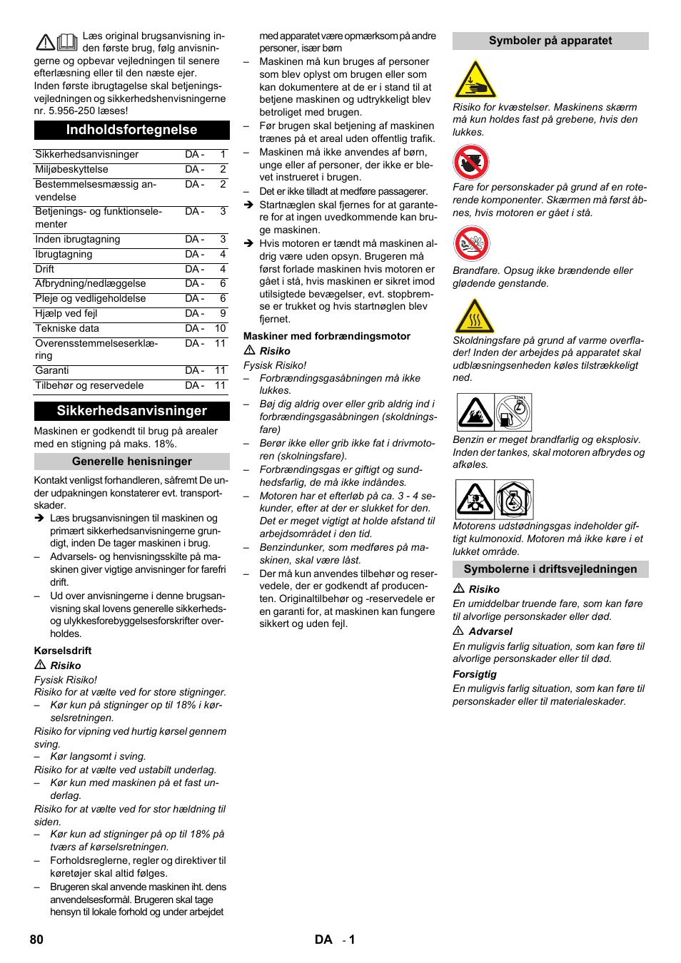 Dansk, Indholdsfortegnelse, Sikkerhedsanvisninger | Karcher IC 15-240 W Adv User Manual | Page 80 / 308