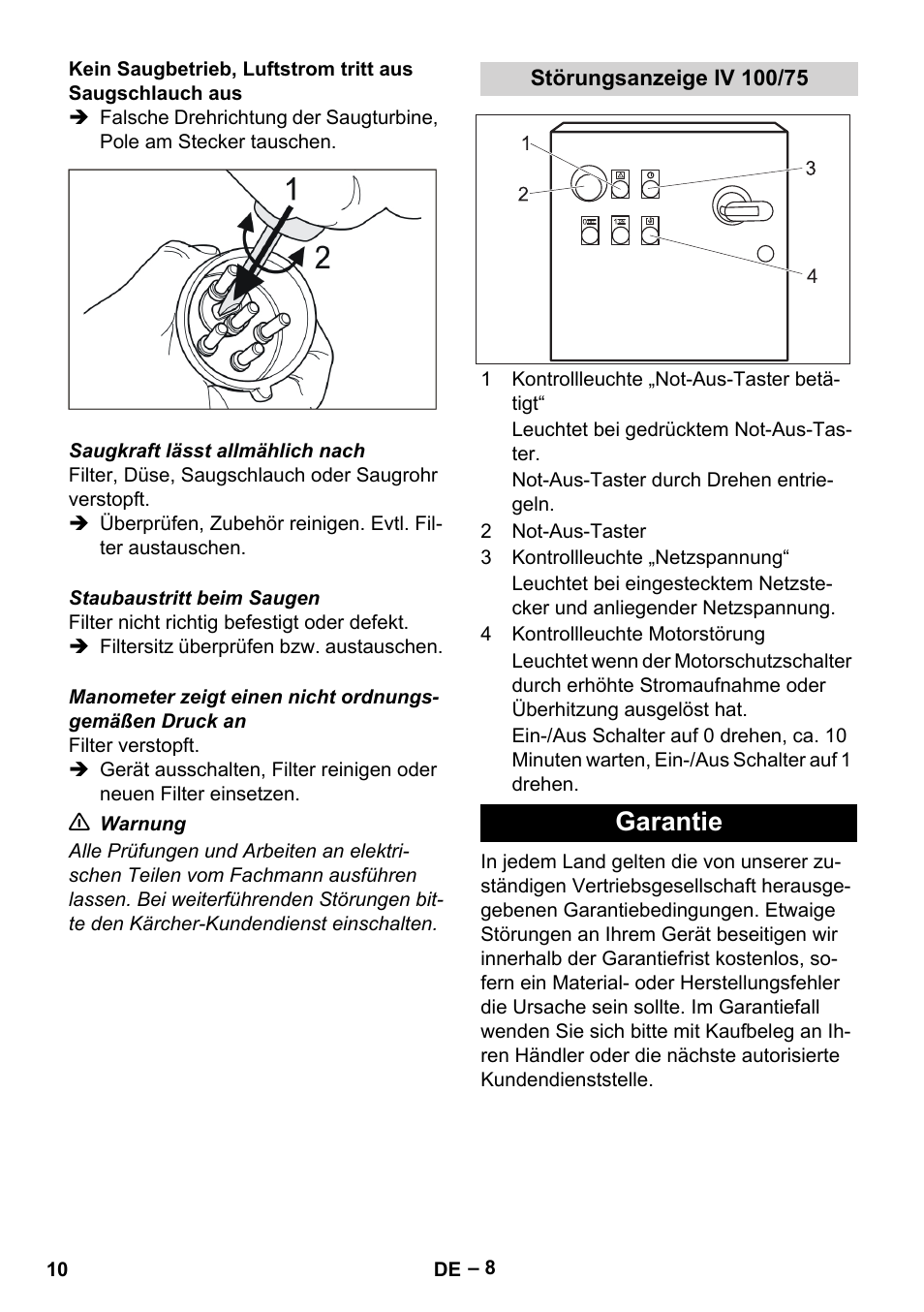 Störungsanzeige iv 100/75, Garantie | Karcher IV 100-55 User Manual | Page 10 / 280