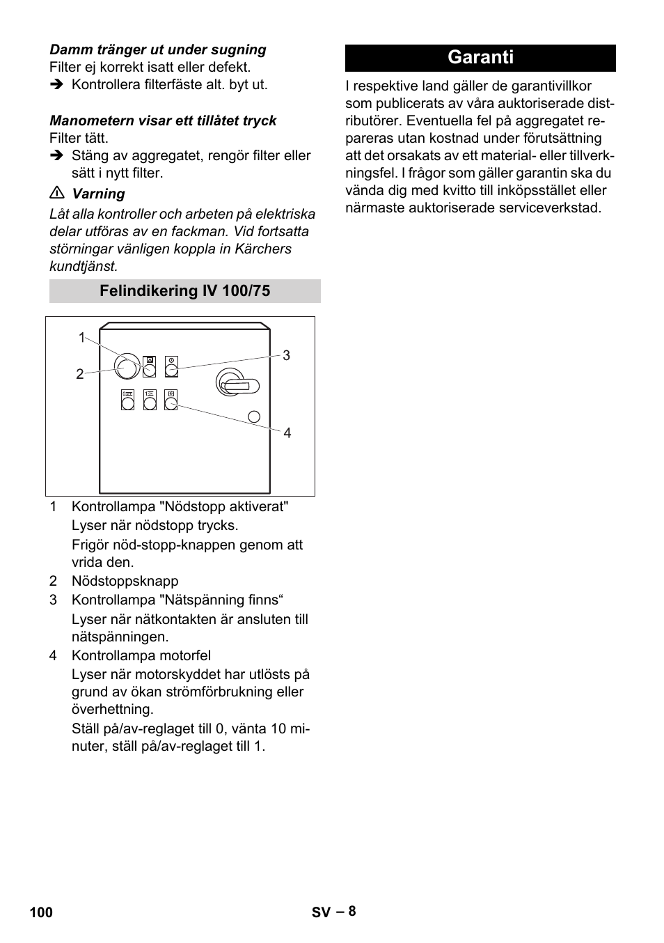Felindikering iv 100/75, Garanti | Karcher IV 100-55 User Manual | Page 100 / 280