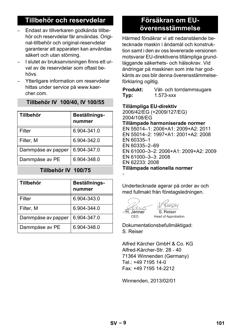 Tillbehör och reservdelar, Tillbehör iv 100/40, iv 100/55, Tillbehör iv 100/75 | Försäkran om eu- överensstämmelse | Karcher IV 100-55 User Manual | Page 101 / 280